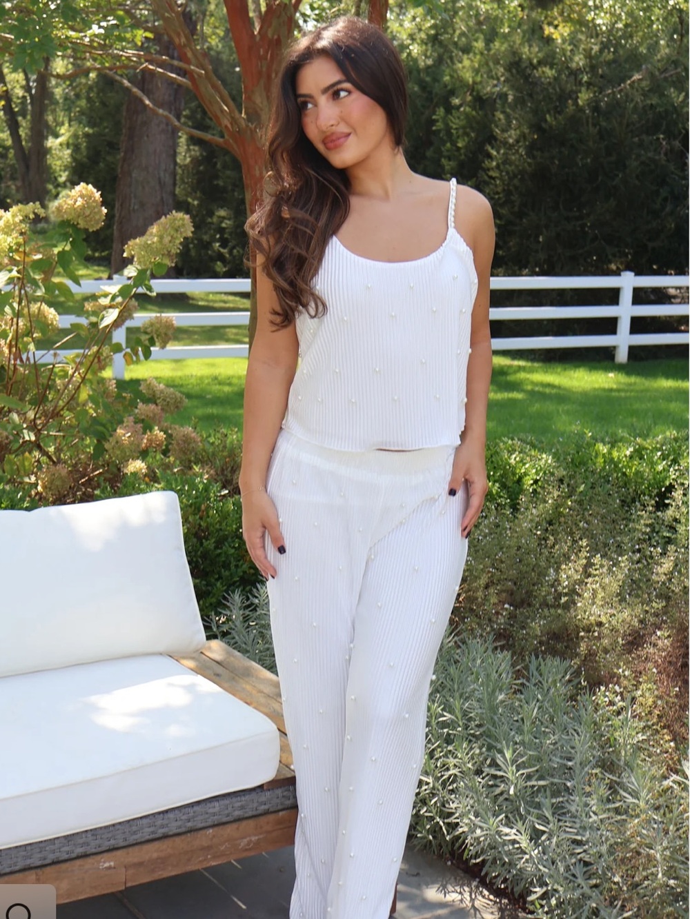 Women's Wide Leg Pearl-Embellished Jumpsuit - White